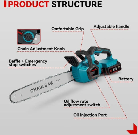 Elektrische Kettingzaag - Kettingzaag met Accu - Houtzaag - Houtbewerking - Boomzaag - Krachtig - 8000W - 16Inch - 2 Accu's - Accu oplader - Ketting en zaagblad - Noodstop - Verstelbare ketting -