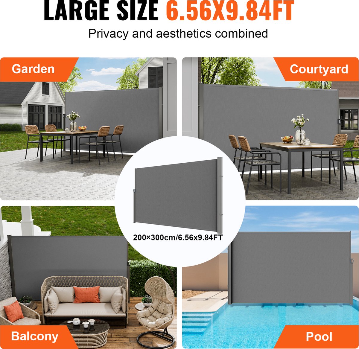 Zijluifel - 200x300 cm - Gemaakt van 180 g/m² Polyesterweefsel met PU-coating - met Uittrekbare Handgreepriemen en Veermechanisme - voor Balkons en Terrassen - Grijs