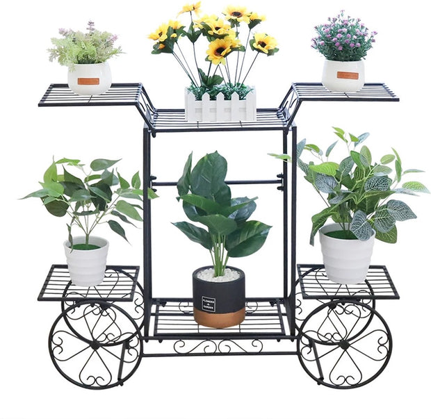 Plantenrek - Zwart Poedercoat Metaal - 4 Wielen - 6-Laags - 83x22x68.5cm -Landelijk - Tuin - Patio - Binnen en Buiten - Bloemen - Planten