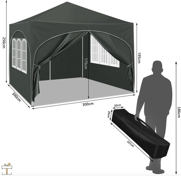 Partytent - Partytent met zijwanden - Opvouwbaar - Paviljoen - Waterdicht - 3x3 m -Grijs