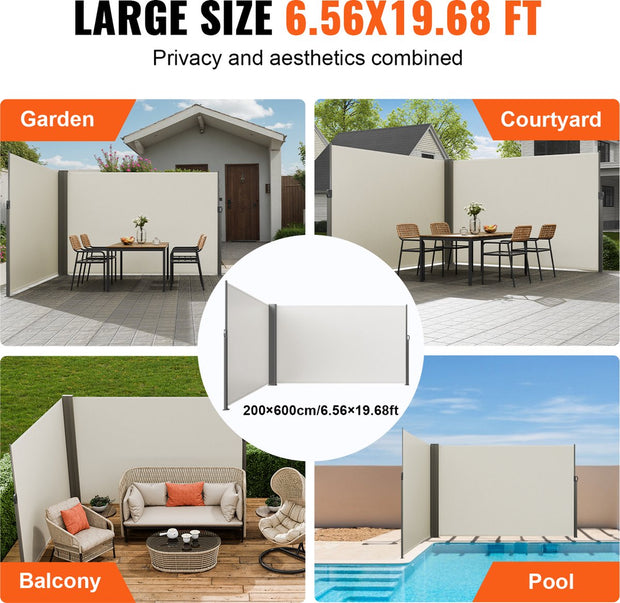 Zijluifel - Gemaakt van 180 g/m² Polyesterweefsel met PU-coating, 200 x 600 cm, met Uitschuifbare Handgreep en Veermechanisme, voor Balkons en Terrassen, Beige