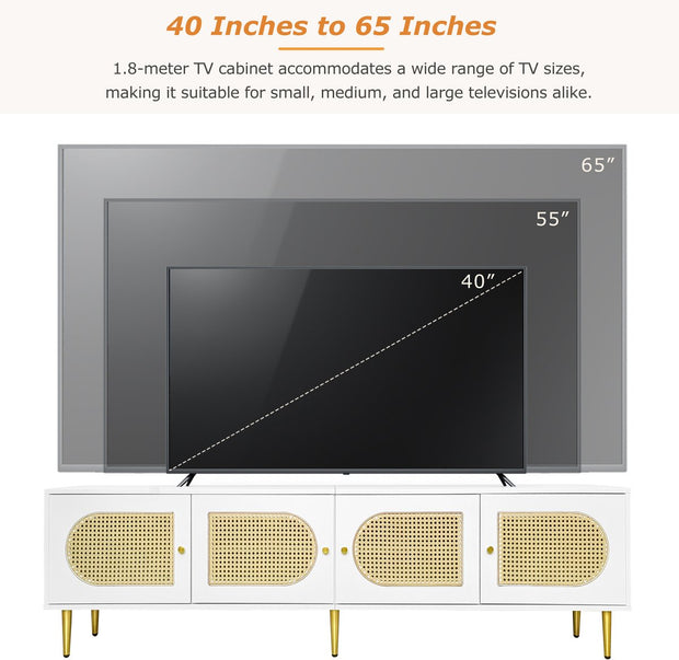 Wit Rattan - TV Cabinet - 180x40x50cm - 4 Rattan-Deuren - Verstelbare Planken - en Kabelbeheer voor Televisies tot 80 inch - Tv-Kast - Lowboards
