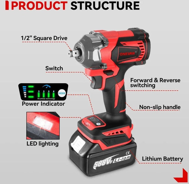 Elektrische Slagmoersleutel - Slagmoer - Koolborstel loze motor - Slagtol - Slagsleutel - 1200Nm - 2 Accu's - Accu lader - 18V - LED Licht - 4 Versnellingen - 1 Opzetstuk - Rood Zwart