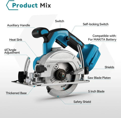 Cirkelzaag - Mini Cirkelzaag - Ronde Zaag - Elektrische Cirkelzaag - Draadloos - 11000Rmp - 2x Accu - Met Accessoires - 125mm - 45mm