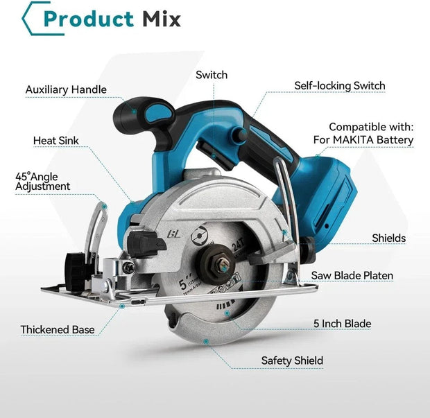 Cirkelzaag - Mini Cirkelzaag - Ronde Zaag - Elektrische Cirkelzaag - Draadloos - 11000Rmp - 2x Accu - Met Accessoires - 125mm - 45mm