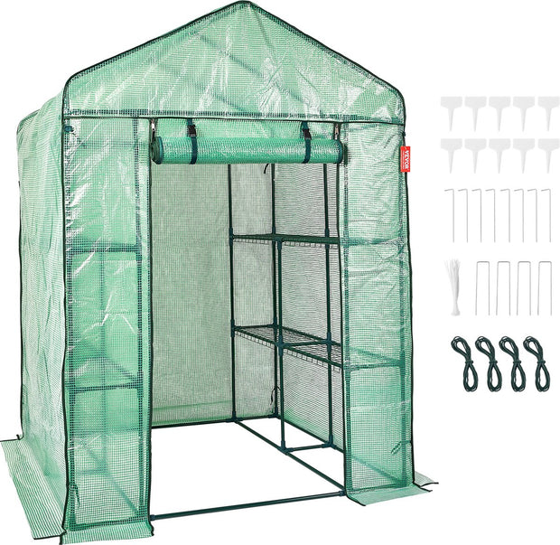 Filmkas - Tomatenkas - Met 4 planken - 141x141x200cm - PE Waterbestendige Hoes - UV - Bestendig - Stalen Frame - Groentekas voor Het Kweken van Groentenbloemen - Groen