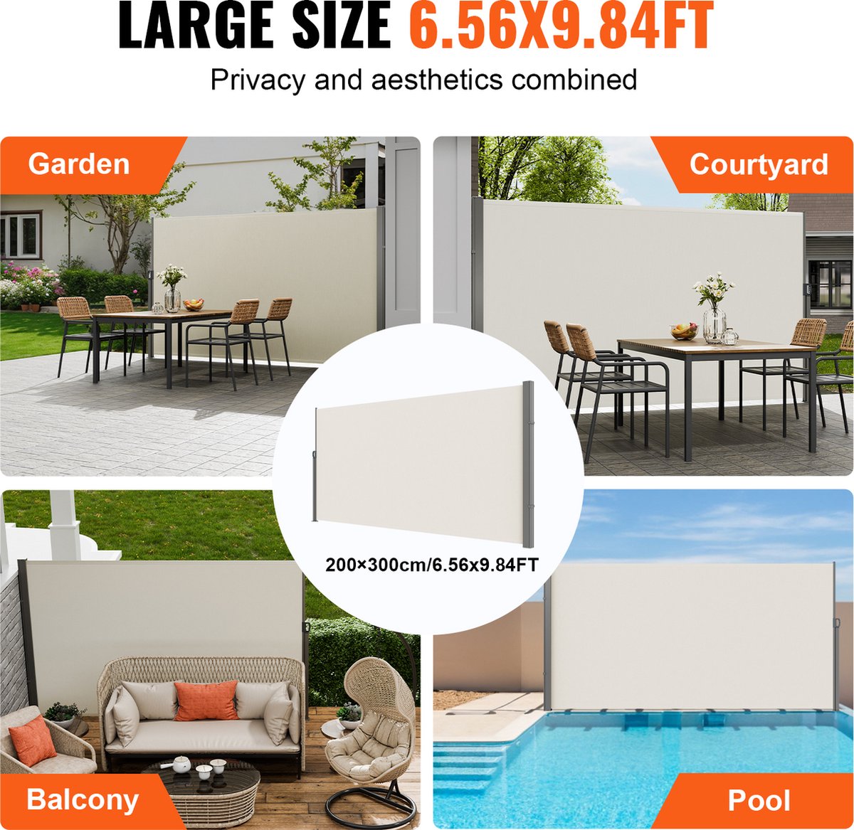 Zijluifel - 200 x 300 cm - Polyesterweefsel (180 g/m²), PU-coating, met Uitschuifbare Handgreep en Veermechanisme, voor Balkons en Terrassen, Beige