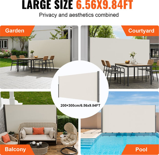 Zijluifel - 200 x 300 cm - Polyesterweefsel (180 g/m²), PU-coating, met Uitschuifbare Handgreep en Veermechanisme, voor Balkons en Terrassen, Beige