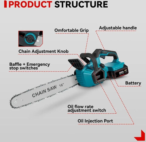 Elektrische Kettingzaag - Kettingzaag met Accu - Houtzaag - Houtbewerking - Boomzaag - Krachtig - 8000W - 16 Inch - 2 Accu's - Acculader - Ketting en Zaagblad - Noodstop - Verstelbare Ketting