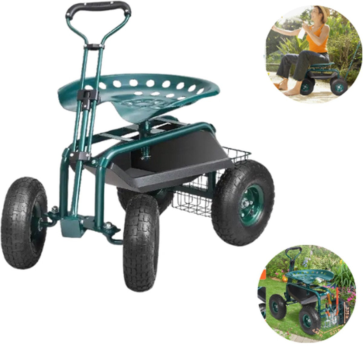 Tuinkar - Verrijdbaar - Tot 140 kg - Hoogte Verstelbaar - 360gr Draaibaar - Robuust Staal - 4 Zware Luchtbanden - Uitschuifbare Stuurstang - Tuinwagen - Tuinkruk - Kruiwagen