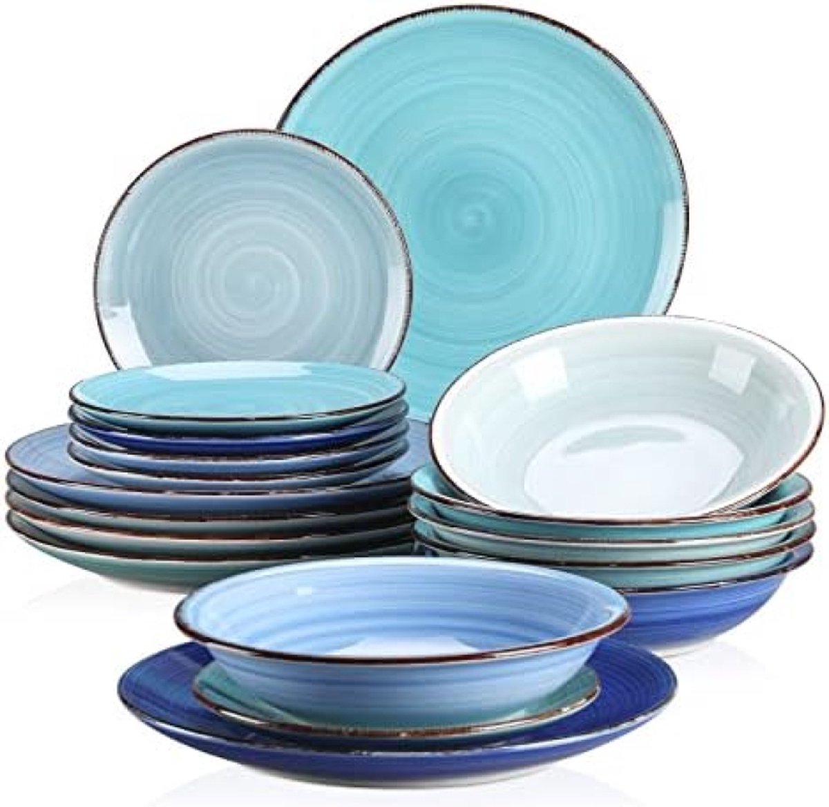 Tafelservies - 18-delig Combiservies - Eetserviesset voor 6 Personen - 6 Platte Borden - Soepborden en Dessertborden - Blauw