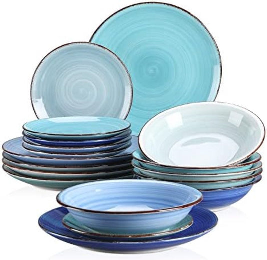 Tafelservies - 18-delig Combiservies - Eetserviesset voor 6 Personen - 6 Platte Borden - Soepborden en Dessertborden - Blauw