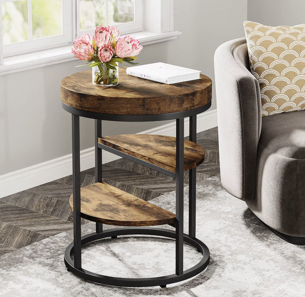 Eindtafel - Sidetable - Koffietafel - Rond - Industrieel - Hout en metaal - Bruin/Zwart - 50cm