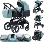 Luxe Kinderwagen - Luxe Kinderkoets - Luxe Babywagen - Luxe Baby Koets - Baby Koets - Kinderwagen - Babywagen - Kinderkoets - Inklapbaar - 3 In 1 - 9KG - Groen