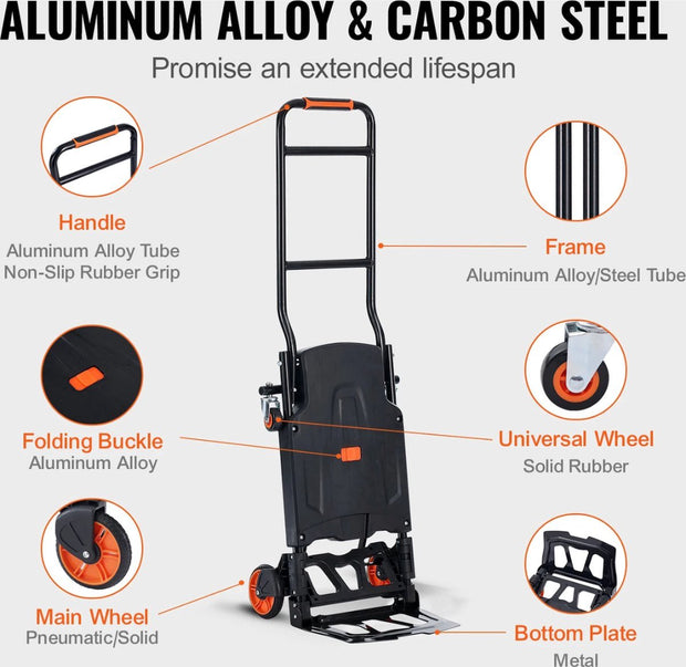 Inklapbare Steekwagen - Opvouwbare Handtruck - 2 in 1 Aluminium Kar - Kar Voor Transport - Magazijn Kar - Ergonomisch Ontwerp - Zwart - Max. 150KG