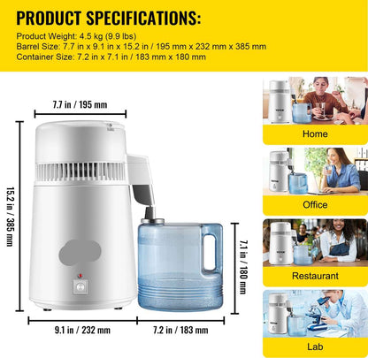 Vevor Destilleerapparaat- Destilleerketel - Water Destilleerder - 4L - Maak Zelf Gedestilleerd Water - Puur Water