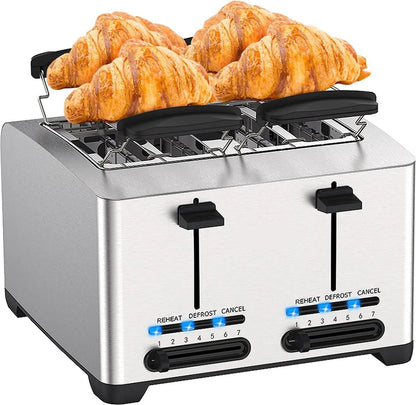 RVS Broodrooster - Toaster - 4 Sneden - Extra Brede Sleuven - 7 Warmteniveaus - 1500W - Gescheiden Dubbele Bediening - Ontdooifunctie