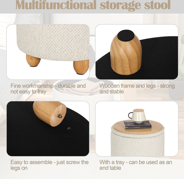 Gestoffeerde poef met opbergruimte – Beige - Multifunctionele poef met opbergruimte op poten – Draagvermogen 300 kg – Bijzettafel & kruk – 33 x 39 cm