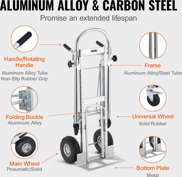 Steekwagen - Trolley - Aluminium Opvouwbare Steekwagen - Inklapbare kar - Handtruck - 800lbs - Transport - Magazijn - 2 in 1 model - Laadvermogen 362,87 kg