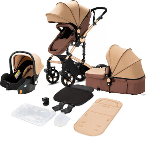 Luxe Kinderwagen 3 in 1 - Draagbaar, Opvouwbaar met Hoog Landschap - Aluminium Frame - Voor Pasgeborenen - Khaki