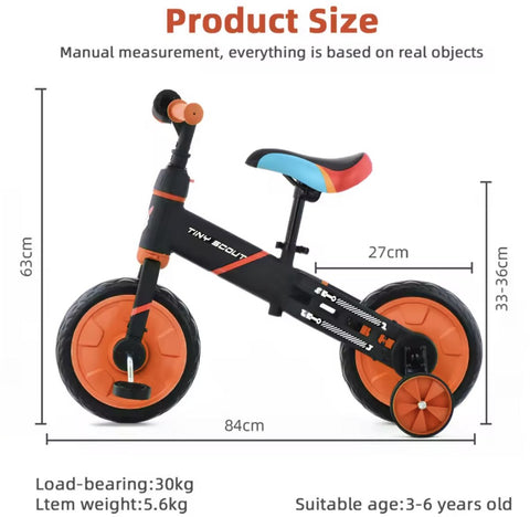 Loopfiets - Kinderfiets - Kleuterfiets - Peuterfiets - 4in1 kinderfiets - Afneembare trappers - Afneembare zijwieltjes - Verstelbaar zadel - Oranje - Zwart