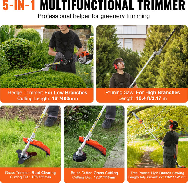 Heggenschaar Benzine - 5-in-1 - 26CC - Tweetaktmotor - Met 8500 Tpm - Kan 270° - Worden Gedraaid - Met Beschermende Handschoenen En Gehoorbescherming - Voor Van Hoge Takken - Struiken - Theetuinen En Landschapsonderhoud