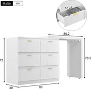 Kaptafel, Wit (Zonder spiegel en kruk), met 6 Laden, Vergulde Handgrepen, draaibaar tafelblad (180°), gelakt, bloemmotief, schokbestendig afgeronde hoeken