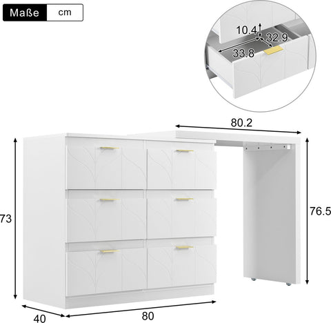 Kaptafel, Wit (Zonder spiegel en kruk), met 6 Laden, Vergulde Handgrepen, draaibaar tafelblad (180°), gelakt, bloemmotief, schokbestendig afgeronde hoeken