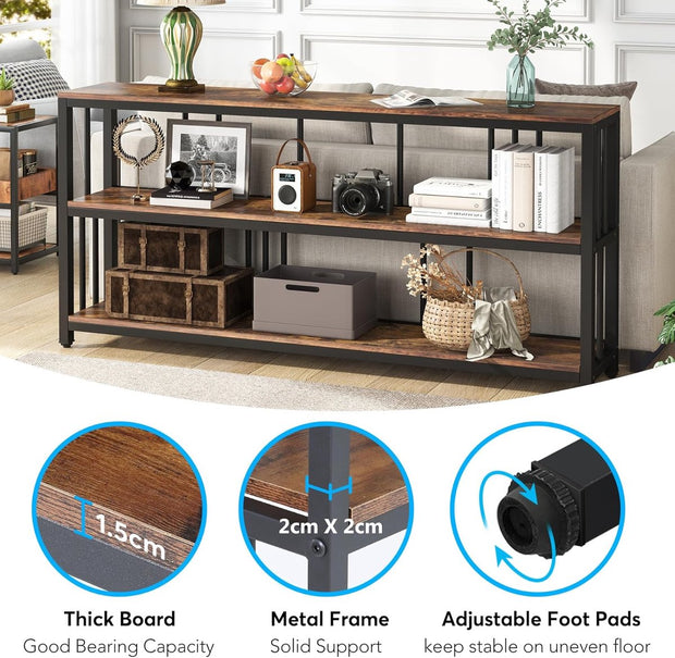 Console Tafel - Bijzettafel met 3 Niveaus - Industrieel - Hout & Metaal - 180 x 30 x 90 cm - Bruin