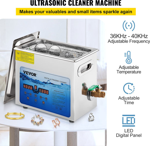 Ultrasoon Reiniger - 6L - Roestvrij Staal - Professionele Ultrasone Reinigingsapparaat - met Timer Verwarming - voor Sieraden Brillen Tanden - Zilver