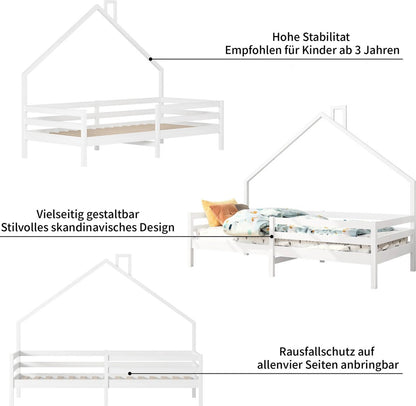 Children's House Bed - Solid Wood - Slatted Base - Pine House Bed With Roof - White - 90x200cm