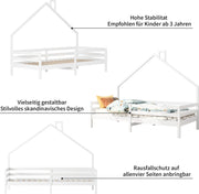 Kinderhuis Bed - Massief Hout - Lattenbodem - Grenen Huisbed Met Dak - Wit - 90x200cm