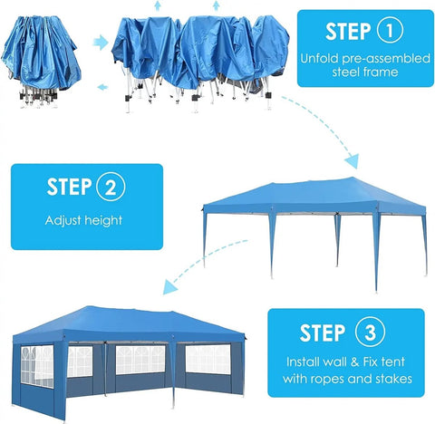 Partytent Opvouwbaar 3x6 x2.66m - Hoogte Verstelbaar - Feesttent - Paviljoen - Paviljoen - Gazebo – Pergola – 3X6m Waterdichte Pop Up - Outdoor Paviljoen Tenten Vier Kanten 420D Oxford - Regendicht Luifel Tent voor Bruiloft