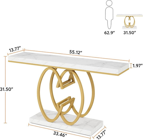 Moderne Console Tafel - Dressoirtafel met Geometrische Metalen Poten - Bijzettafel - Nep-Marmer Metaal - Wit en Goud - 140 x 35 x 80 cm