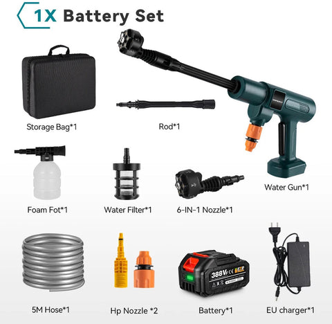 Draadloze Hogedrukreiniger -  Draagbare Ontwerp - 6-in-1 Spuitmond - Voor Auto - Tuin en Terras - Gebruiksvriendelijk - 2 Accu's met 1 Lader - 200 Bar - 3500W Brushless Motor