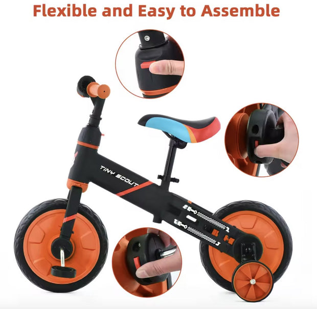 Loopfiets - Kinderfiets - Kleuterfiets - Peuterfiets - 4in1 kinderfiets - Afneembare trappers - Afneembare zijwieltjes - Verstelbaar zadel - Blauw - Zwart