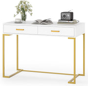 Computer Bureau - Bureau Werkstation met 2 laden, Eenvoudig en Modern Thuiskantoor - Rechthoekig - Wit en Goud