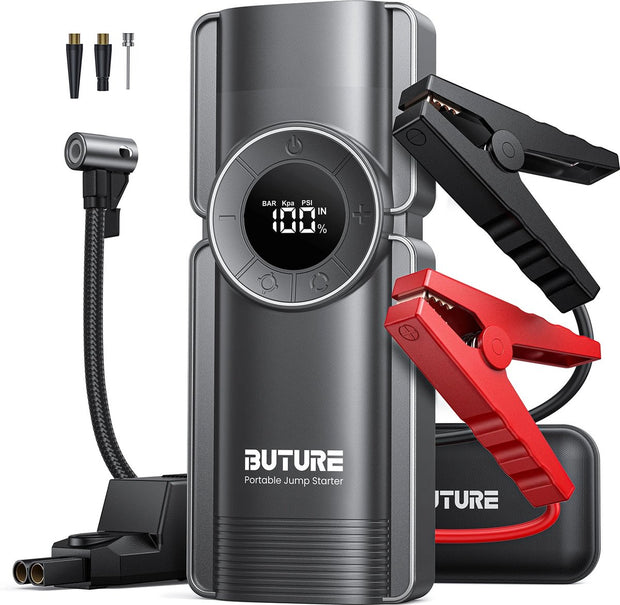 4 In 1 Accu Jumpstarter - Powerbank - Luchtcompressor - Bandenpomp - Multifunctioneel - Digitaal Display - Incl 3 Opzetstukjes - Incl Jumpstart Kabels - Nooit Zonder Stroom - 150 PSI - 20000 MAH - 2500 A - 15V