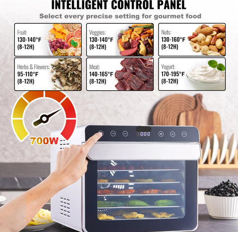 Dehydrator – 700W – 6 Dienbladen – 35-85℃ Temperatuurregeling – Geschikt voor het Drogen van Vlees, Fruit en Groenten – Ideaal voor Keukens en Voedselbereiding