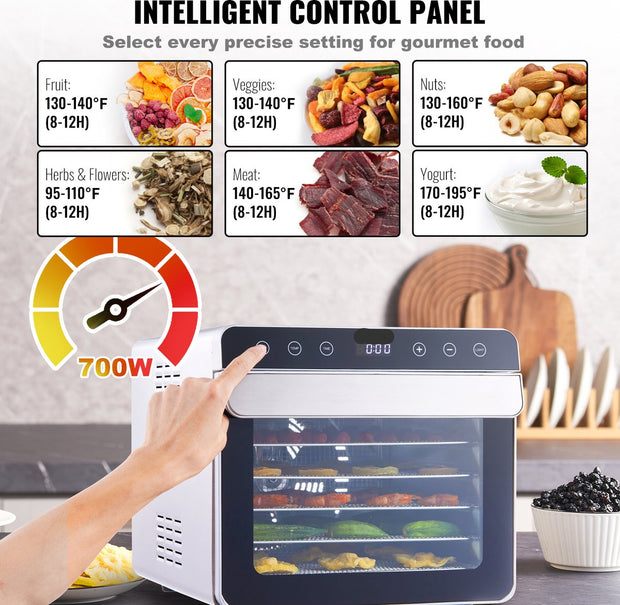 Dehydrator – 700W – 6 Dienbladen – 35-85℃ Temperatuurregeling – Geschikt voor het Drogen van Vlees, Fruit en Groenten – Ideaal voor Keukens en Voedselbereiding