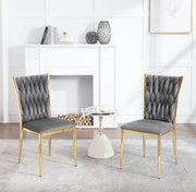 Eetkamerstoel - Set van 2 stoelen - Fluwelen eetkamer stoel - Eetkamerstoelen - Eettafel stoel - Velvet - Fluweel - Gevlochten patroon - Gouden poot - Metaal - Grijs - Goud