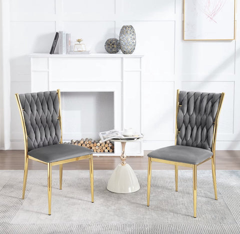 Eetkamerstoel - Set van 2 stoelen - Fluwelen eetkamer stoel - Eetkamerstoelen - Eettafel stoel - Velvet - Fluweel - Gevlochten patroon - Gouden poot - Metaal - Grijs - Goud