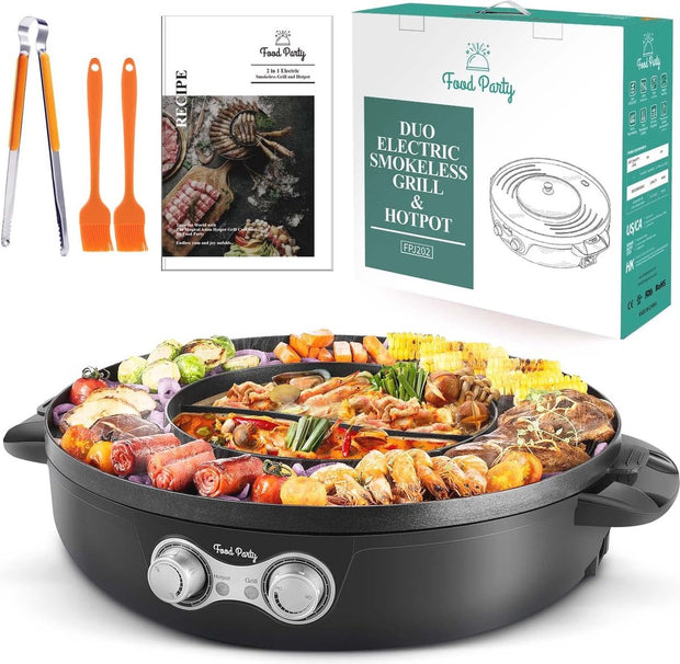 Hotpot Pan met Koreaanse BBQ-grill - Elektrische 2-in-1 Fondue en Rookloze Barbecue 220V 2200W