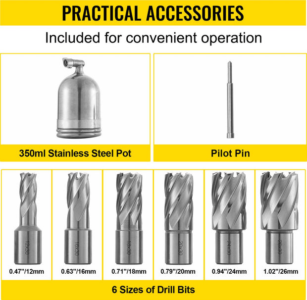 Magneetboormachine - met 6-delige HSS gatenfrezenset - 670 tpm -12000N - 1100W - MD40 - Magneetkracht Magneetboorsysteem
