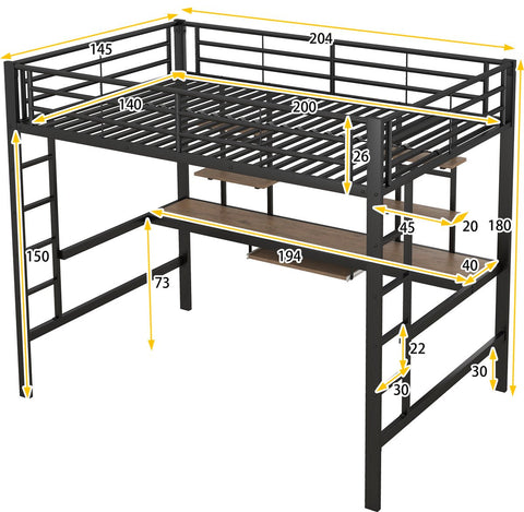 Kinderbed - Zonder Matras - Zonder Stoel - Metalen Bedframe met Bureau en Twee Boekenplanken - Geschikt voor Kinderen - Tieners en Volwassenen - 140x200 cm - Zwart