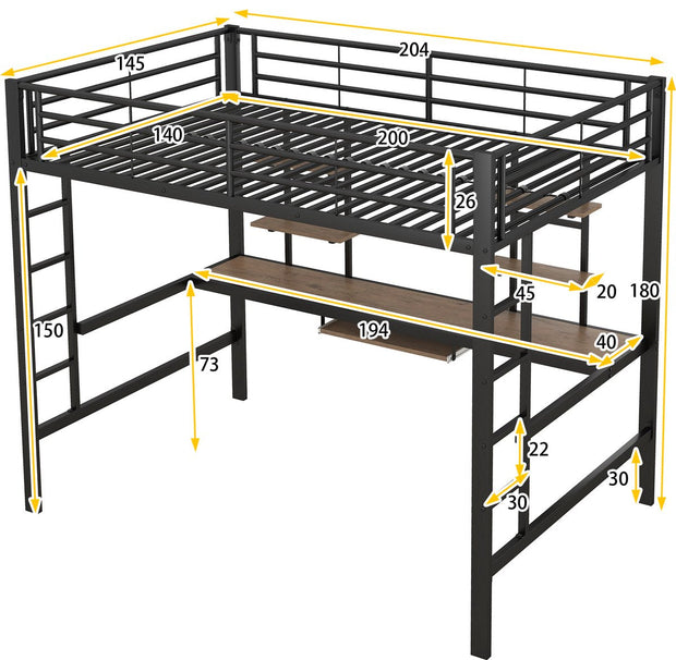 Kinderbed - Zonder Matras - Zonder Stoel - Metalen Bedframe met Bureau en Twee Boekenplanken - Geschikt voor Kinderen - Tieners en Volwassenen - 140x200 cm - Zwart