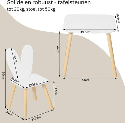 Kindertafelset met stoelen - Activiteitentafel voor kinderen - Creatieve speelset - Veilig en duurzaam - Met rugleuningen in de vorm van konijnenoren - Ideaal voor kinderkamers en babykamers - Witte tafel en 2 stoelenset - Konijnentafelset