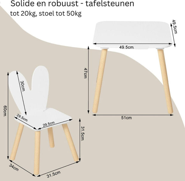 Kindertafelset met stoelen - Activiteitentafel voor kinderen - Creatieve speelset - Veilig en duurzaam - Met rugleuningen in de vorm van konijnenoren - Ideaal voor kinderkamers en babykamers - Witte tafel en 2 stoelenset - Konijnentafelset