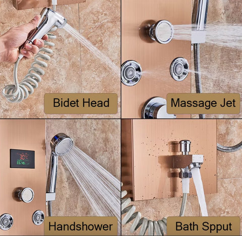 Douchekraan - Regendouche - Douchekop - Douchepaneel - 6 in 1 - Regendouche - Waterval douche - Kraan - Bidet - Massage jet - Handdouche - Waterstroom gevoed - Verlichting en LED display - Rose Gold