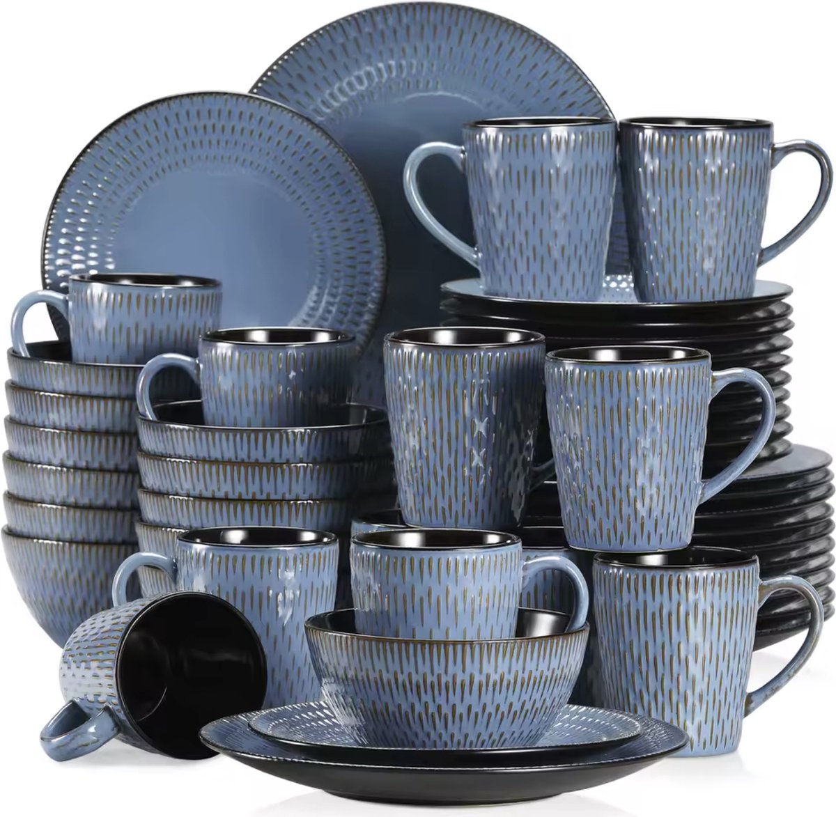 Serviesset Blauw - Keramisch - 12 borden groot - 12 borden klein - 12 kommen - 12 kopjes - 48 delig - Relief - Blauw